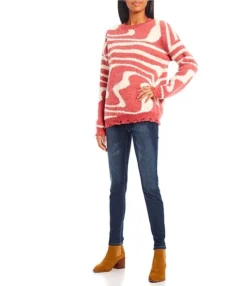 Crew Neck Pullover Swirl Print Sweater