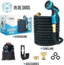Strex Flexibele Tuinslang 15M Met Sproeikop - Uitrekbaar - Incl. Koppelingen, Ophanghaak & Opbergzak -RHRQuality winkel 1176x1200