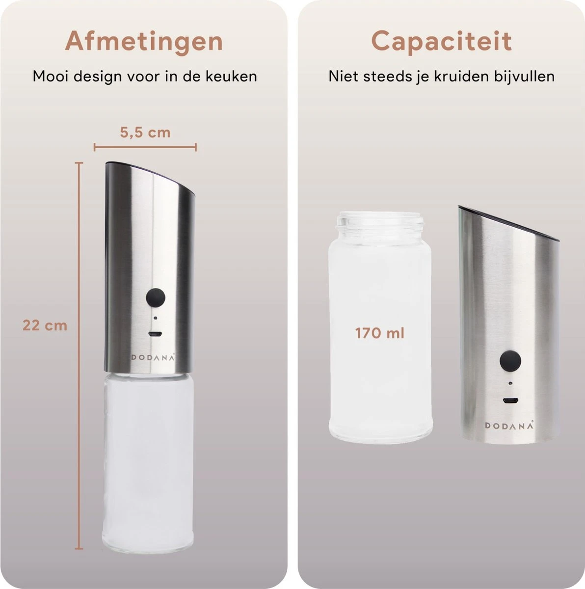 DODANA Premium Peper - & Zoutmolen Elektrisch - 1 Stuk - Pepermolen - Zoutmolen - Oplaadbaar - USB - Elektrische Pepermolen - RVS - Zwaartekracht Functie - LED Lamp - Nl Handleiding - Incl Borsteltje 2 DODANA Premium Peper - & Zoutmolen Elektrisch - 1 Stuk - Pepermolen - Zoutmolen - Oplaadbaar - USB - Elektrische Pepermolen - RVS - Zwaartekracht Functie - LED Lamp - Nl Handleiding - Incl Borsteltje - Afbeelding 2