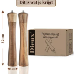 Dieux® - Peper En Zoutmolen Set - 32CM - Zout Peper Kruiden - 2 Stuks - Acacia Hout - Instelbare Maalgraad - Duurzaam - Luxe Kwaliteit - Hervulbaar - Pepermolen - Zoutmolen - Barbecue - BBQ Accesoires - Pasen -RHRQuality winkel 1199x1200 2