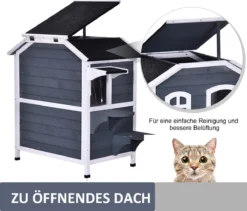 PawHut Kattenhuis Voor Buiten Kattenhut Met 2 Verdiepingen Kattenvilla, Asfaltdak, Massief Hout Grijs D30-236 -RHRQuality winkel 1200x1026