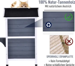 PawHut Kattenhuis Voor Buiten Kattenhut Met 2 Verdiepingen Kattenvilla, Asfaltdak, Massief Hout Grijs D30-236 -RHRQuality winkel 1200x1054