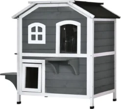 PawHut Kattenhuis Voor Buiten Kattenhut Met 2 Verdiepingen Kattenvilla, Asfaltdak, Massief Hout Grijs D30-236 -RHRQuality winkel 1200x1074
