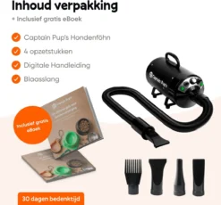 Captain Pup's Professionele Hondenföhn Met 4 Opzetstukken - Bijgeleverde Hondenborstel - Waterblazer Voor Honden - Zwart -RHRQuality winkel 1200x1116