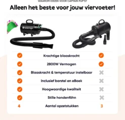 Captain Pup's Professionele Hondenföhn Met 4 Opzetstukken - Bijgeleverde Hondenborstel - Waterblazer Voor Honden - Zwart -RHRQuality winkel 1200x1153