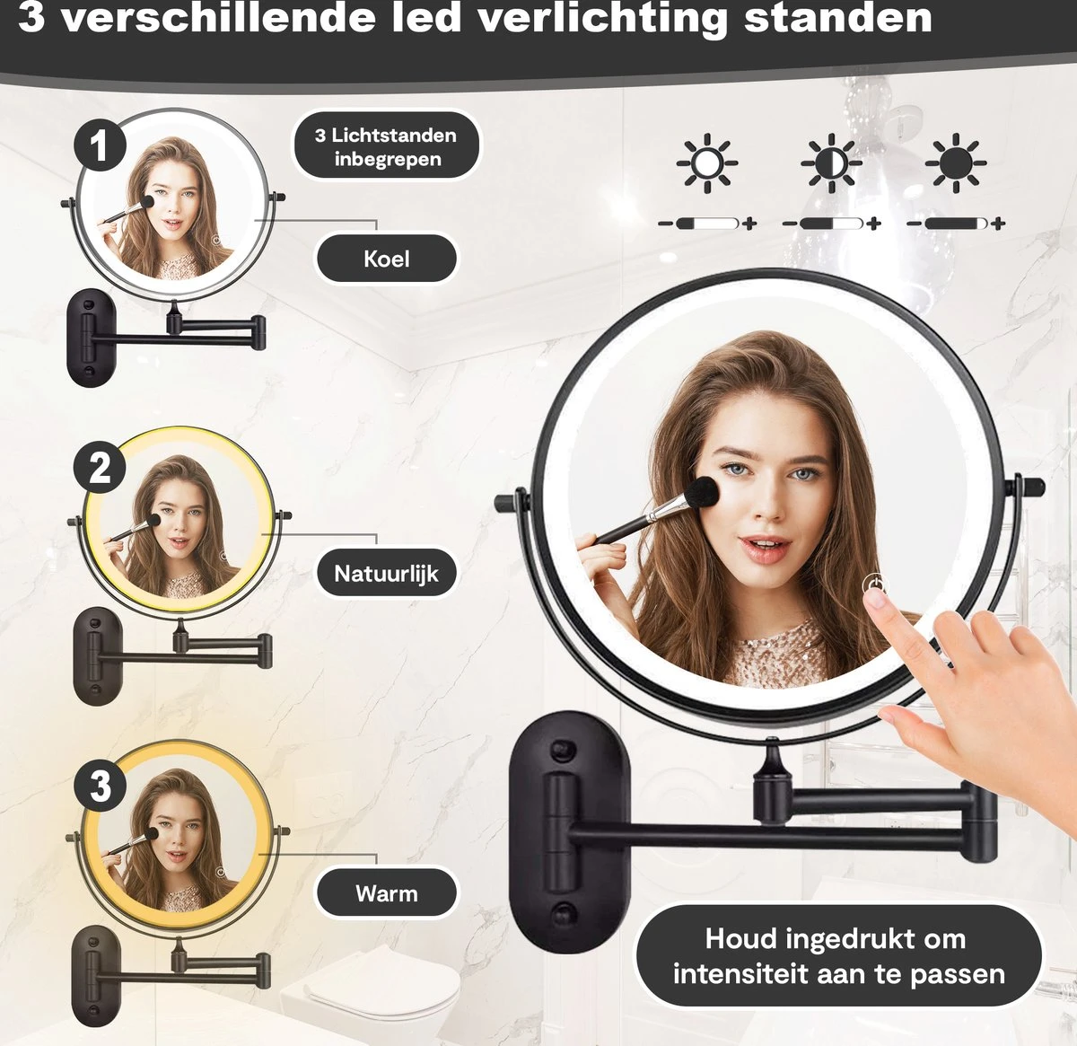Make Up - Spiegel - Led Verlichting - 10X Vergroting - 3 Lichtstanden - Wandspiegel Rond - Badkamer - Mat Zwart - Draadloos 2 Make Up - Spiegel - Led Verlichting - 10X Vergroting - 3 Lichtstanden - Wandspiegel Rond - Badkamer - Mat Zwart - Draadloos - Afbeelding 2
