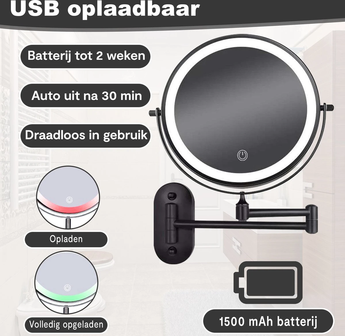 Make Up - Spiegel - Led Verlichting - 10X Vergroting - 3 Lichtstanden - Wandspiegel Rond - Badkamer - Mat Zwart - Draadloos 4 Make Up - Spiegel - Led Verlichting - 10X Vergroting - 3 Lichtstanden - Wandspiegel Rond - Badkamer - Mat Zwart - Draadloos - Afbeelding 4