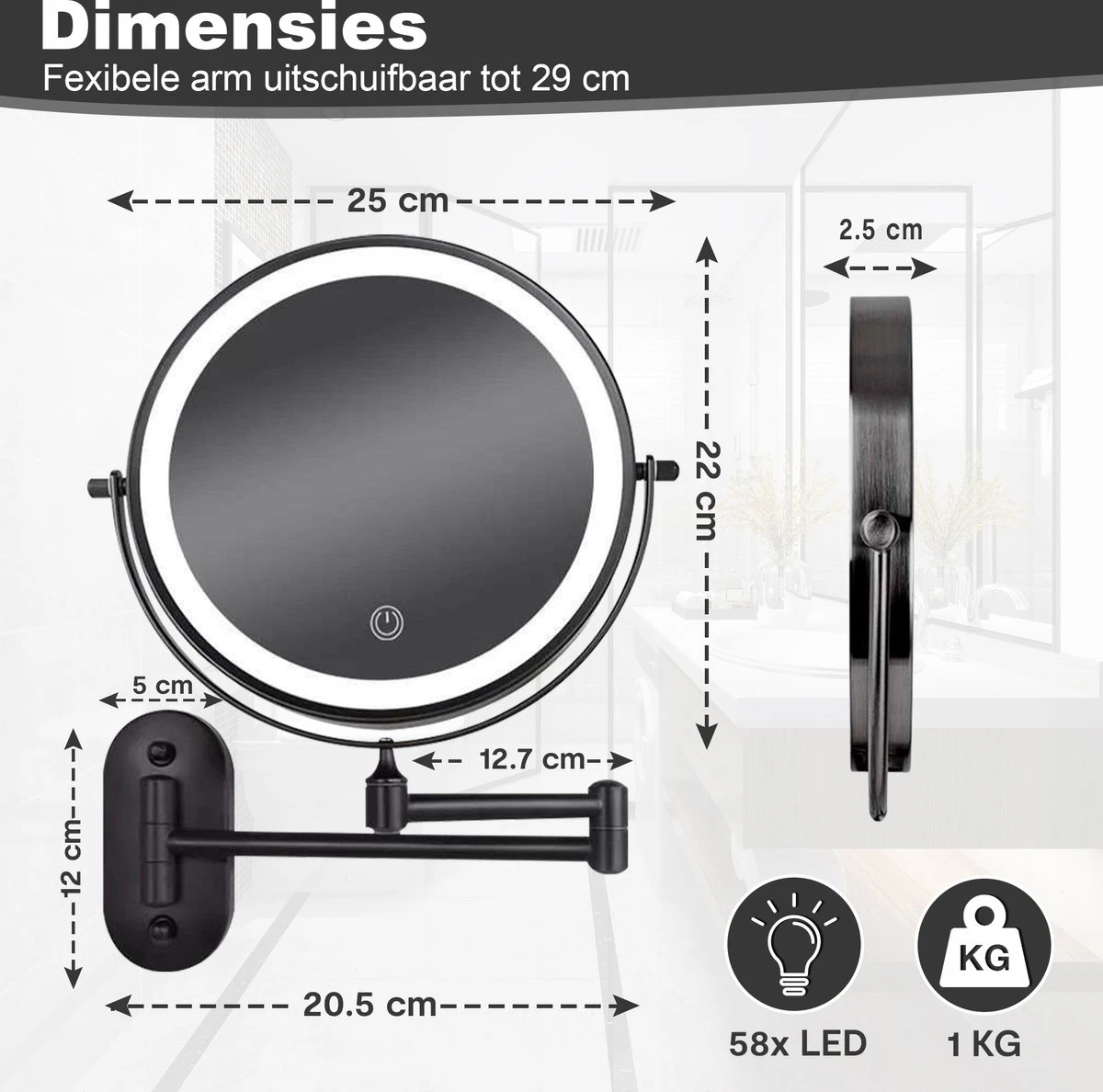Make Up - Spiegel - Led Verlichting - 10X Vergroting - 3 Lichtstanden - Wandspiegel Rond - Badkamer - Mat Zwart - Draadloos 8 Make Up - Spiegel - Led Verlichting - 10X Vergroting - 3 Lichtstanden - Wandspiegel Rond - Badkamer - Mat Zwart - Draadloos - Afbeelding 8