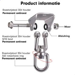 Luxe Ophangsysteem - 180° Schommelen, 360° Roteerbaar - Plafondhaak - Ophanghaak - Hangstoel Buiten - Hangstoel Binnen – Schommelstoel - Schommel - Bokszakken - RVS - Nederlandse Handleiding - -RHRQuality winkel 1200x1200 432
