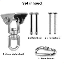 Luxe Ophangsysteem - 180° Schommelen, 360° Roteerbaar - Plafondhaak - Ophanghaak - Hangstoel Buiten - Hangstoel Binnen – Schommelstoel - Schommel - Bokszakken - RVS - Nederlandse Handleiding - -RHRQuality winkel 1200x1200 434