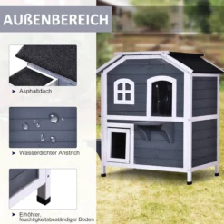 PawHut Kattenhuis Voor Buiten Kattenhut Met 2 Verdiepingen Kattenvilla, Asfaltdak, Massief Hout Grijs D30-236 -RHRQuality winkel 1200x1200 49