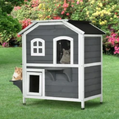 PawHut Kattenhuis Voor Buiten Kattenhut Met 2 Verdiepingen Kattenvilla, Asfaltdak, Massief Hout Grijs D30-236 -RHRQuality winkel 1200x1200 50