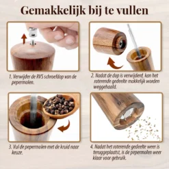 Dieux® - Peper En Zoutmolen Set - 32CM - Zout Peper Kruiden - 2 Stuks - Acacia Hout - Instelbare Maalgraad - Duurzaam - Luxe Kwaliteit - Hervulbaar - Pepermolen - Zoutmolen - Barbecue - BBQ Accesoires - Pasen -RHRQuality winkel 1200x1200 500