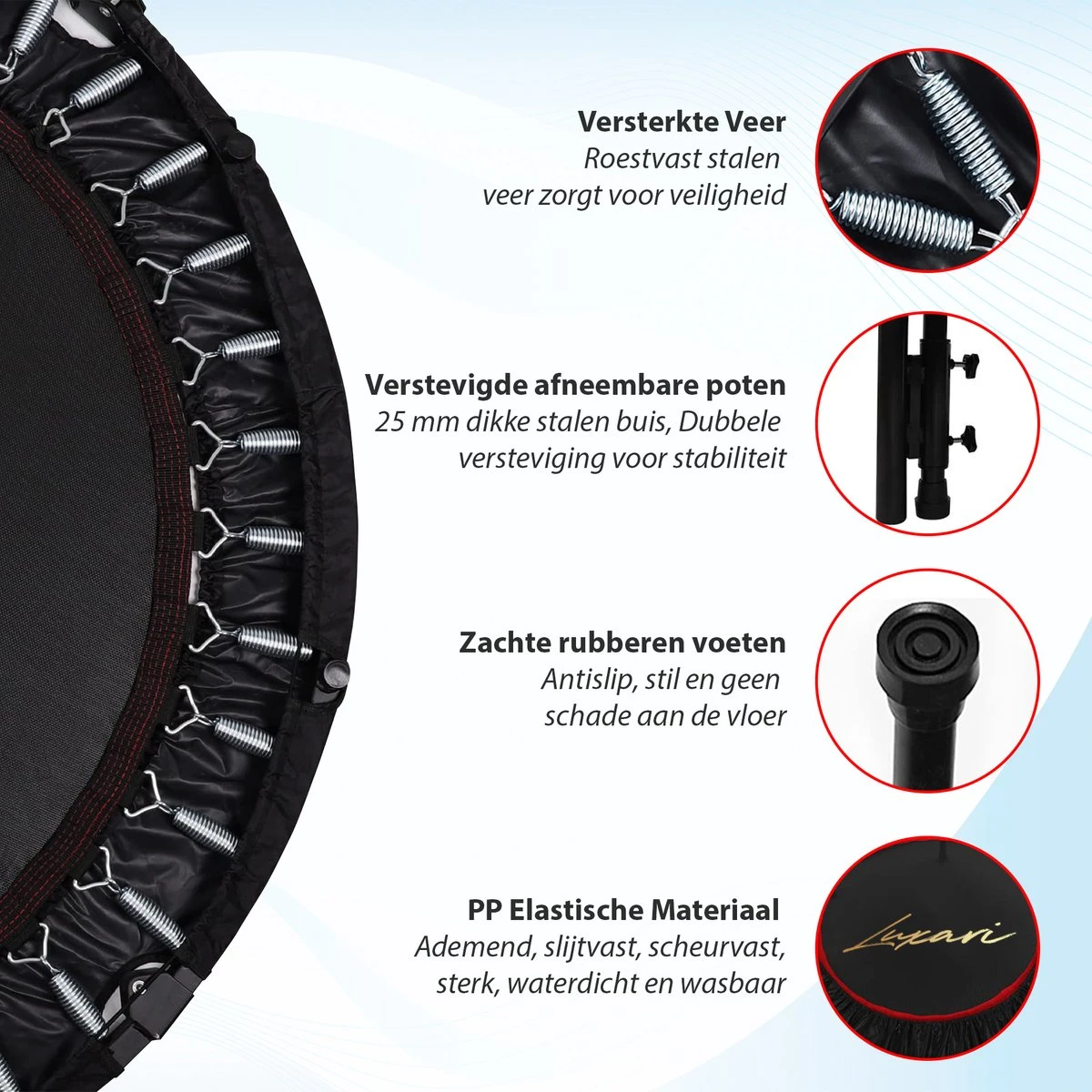 Luxari - Fitness Trampoline Pro - Inclusief Stang En Beschermhoes - 105 Cm Diameter - Opvouwbaar - Belastbaar Tot 150 Kg - Hometrainer - Fitness Trampoline 2 Luxari - Fitness Trampoline Pro - Inclusief Stang En Beschermhoes - 105 Cm Diameter - Opvouwbaar - Belastbaar Tot 150 Kg - Hometrainer - Fitness Trampoline - Afbeelding 2