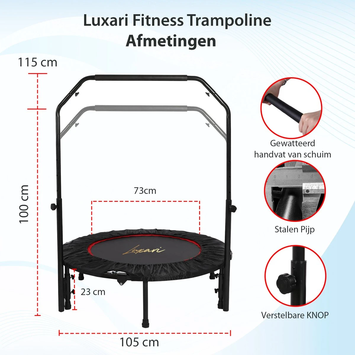 Luxari - Fitness Trampoline Pro - Inclusief Stang En Beschermhoes - 105 Cm Diameter - Opvouwbaar - Belastbaar Tot 150 Kg - Hometrainer - Fitness Trampoline 5 Luxari - Fitness Trampoline Pro - Inclusief Stang En Beschermhoes - 105 Cm Diameter - Opvouwbaar - Belastbaar Tot 150 Kg - Hometrainer - Fitness Trampoline - Afbeelding 5