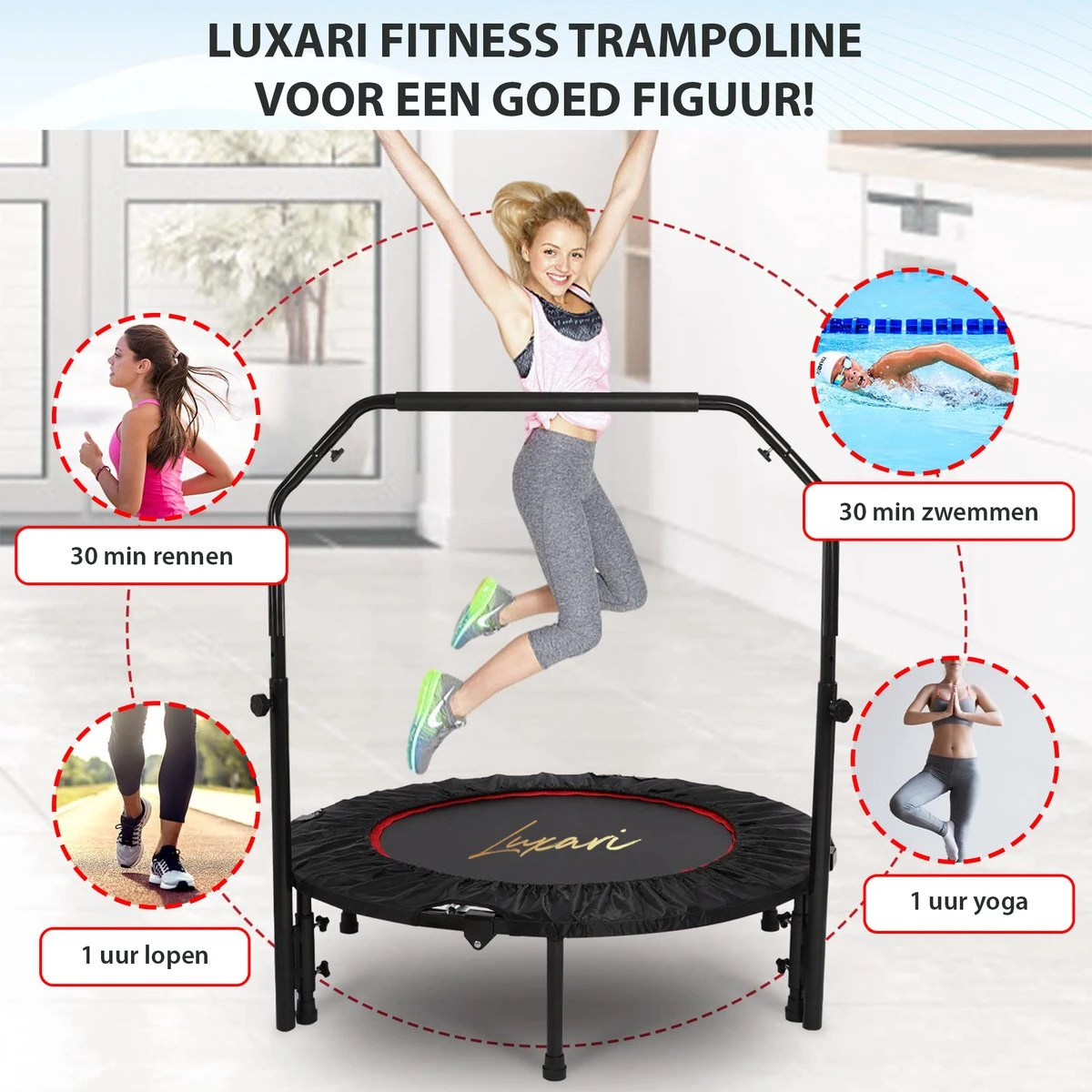 Luxari - Fitness Trampoline Pro - Inclusief Stang En Beschermhoes - 105 Cm Diameter - Opvouwbaar - Belastbaar Tot 150 Kg - Hometrainer - Fitness Trampoline 6 Luxari - Fitness Trampoline Pro - Inclusief Stang En Beschermhoes - 105 Cm Diameter - Opvouwbaar - Belastbaar Tot 150 Kg - Hometrainer - Fitness Trampoline - Afbeelding 6