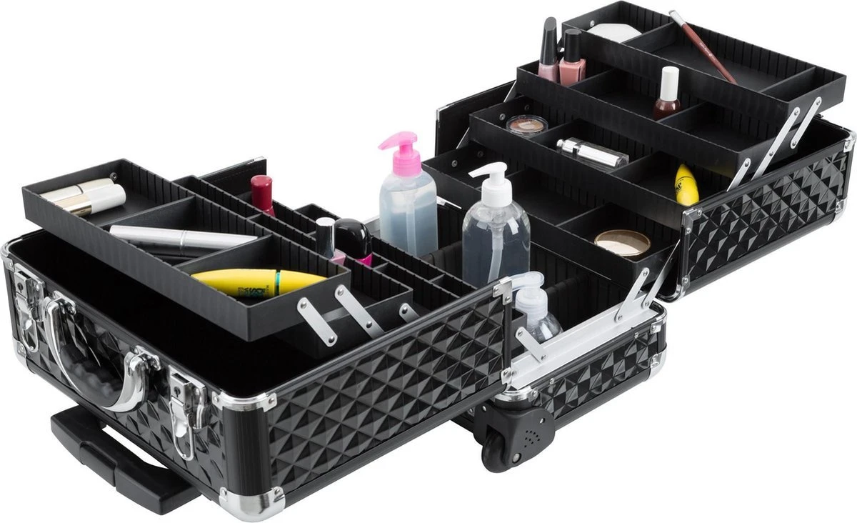 Dreamble Make-up Koffer - Make-up Trolley - Zwart - Rijdbaar - Met Wieltjes - Compact - 8 Vakken - Met Slot - 2 Sleutels 7 Dreamble Make-up Koffer - Make-up Trolley - Zwart - Rijdbaar - Met Wieltjes - Compact - 8 Vakken - Met Slot - 2 Sleutels - Afbeelding 7