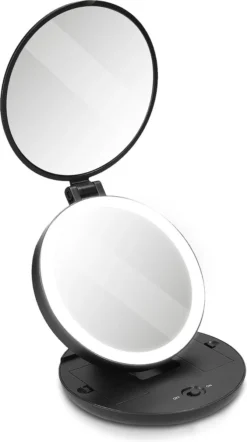 Navaris 1x/5x Vergrotende Make-up Spiegel - Compacte Opvouwbare Kap- En Reisspiegel - Led-verlichte Dubbelzijdige Make-upspiegel - Zwart